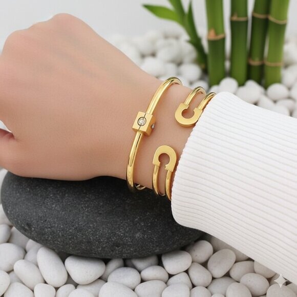 🆕 Modern Open Cuff Pin-Shaped Trendy Bracelet 18K Gold Plated Stainless Steel - Picture 13 of 14
